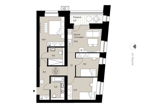Продажа 3-Кв кф/п Крутая 2